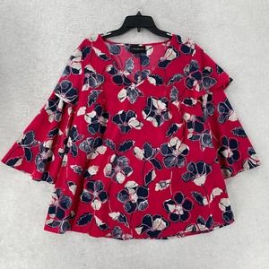 Lane‎ Bryant Blouse Womens 14/16 Floral Red Bell 3/4 Sleeve Career Shirt